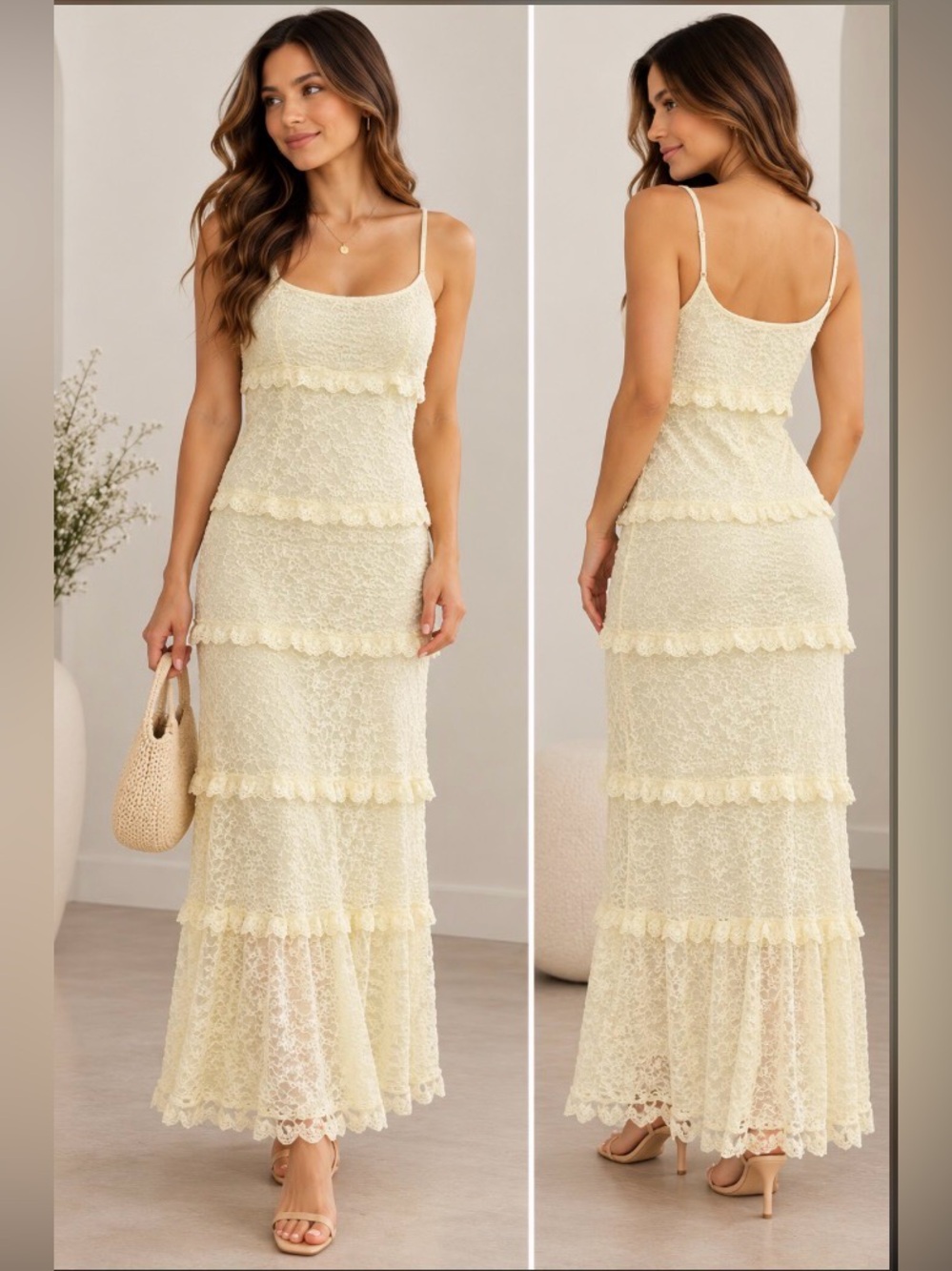 223. NWT  thirty /thirty Elegant Cream Lace Tiered Maxi Dress. Size large
